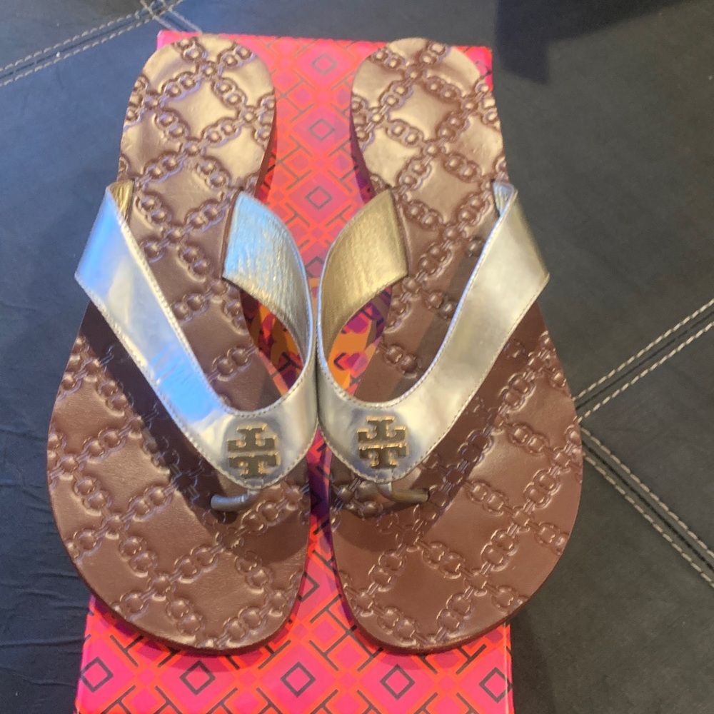 Tory Burch Metallic Silver and Brown Sandals